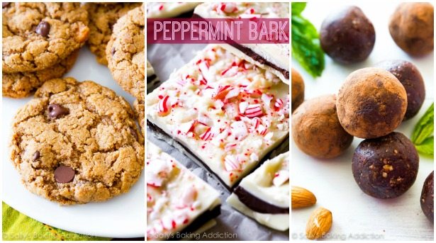 collage of 3 images of almond butter chocolate chip cookies, homemade peppermint bark, and mint chocolate energy bites