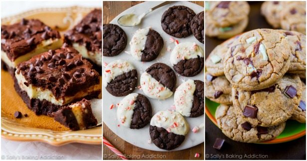 collage of 3 images of mocha cheesecake brownies, peppermint mocha cookies, and mocha mint chocolate chunk cookies
