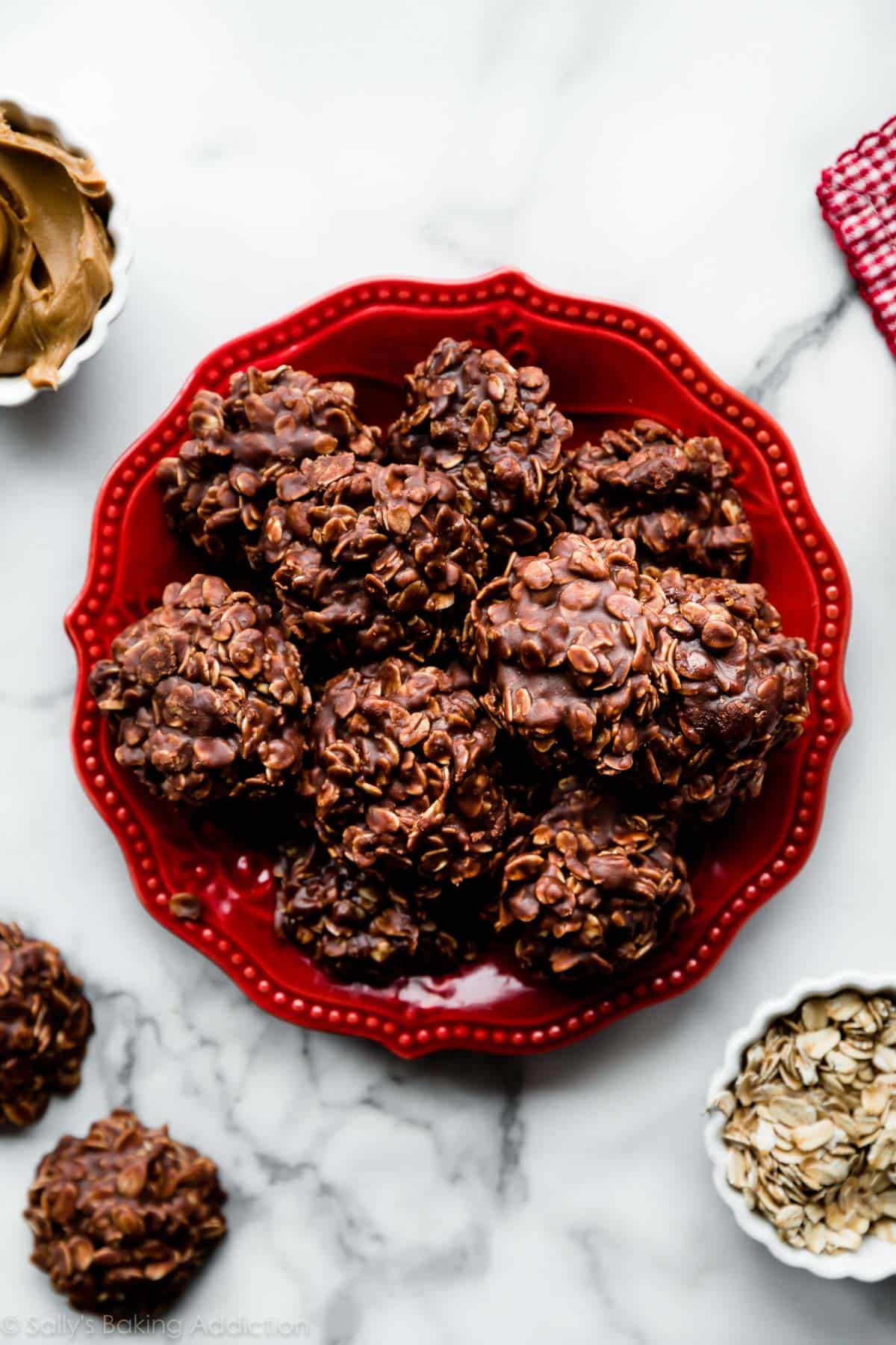chocolate peanut butter no bake oatmeal cookies on a red plate