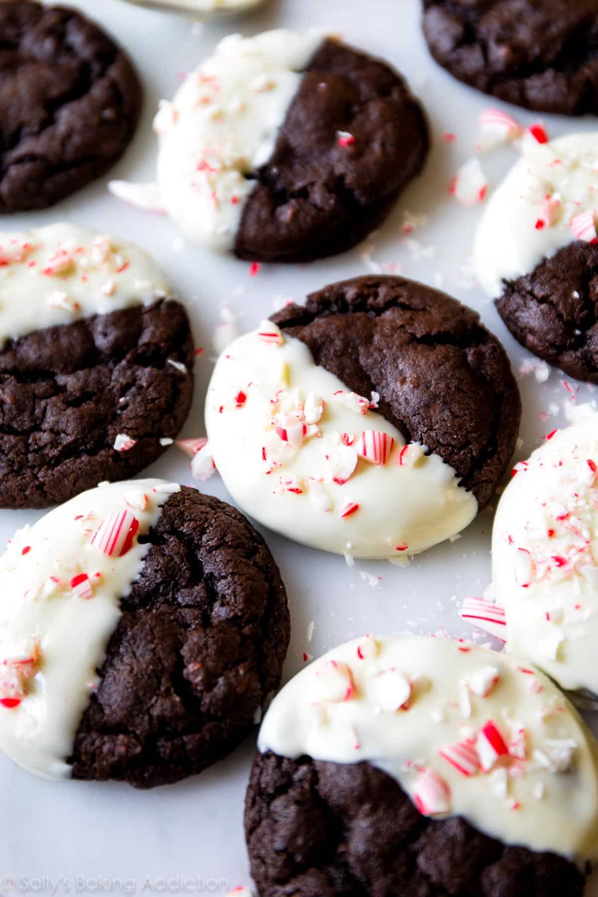 peppermint mocha cookies with half of each cookie dipped in white chocolate and topped with crushed candy canes