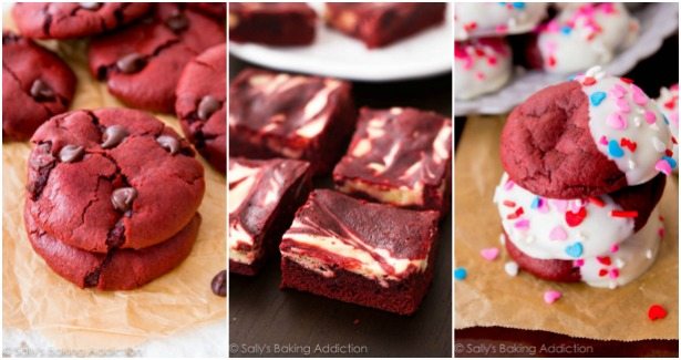 collage of 3 images of red velvet chocolate chip cookies, red velvet cheesecake swirl brownies, and white chocolate dipped red velvet cookies