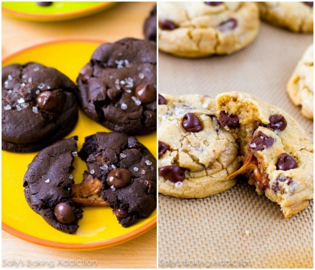 collage of 2 images of salted caramel dark chocolate cookies and salted caramel chocolate chip cookies