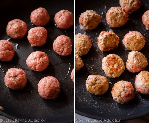 2 images of turkey meatballs in a skillet before and after cooking