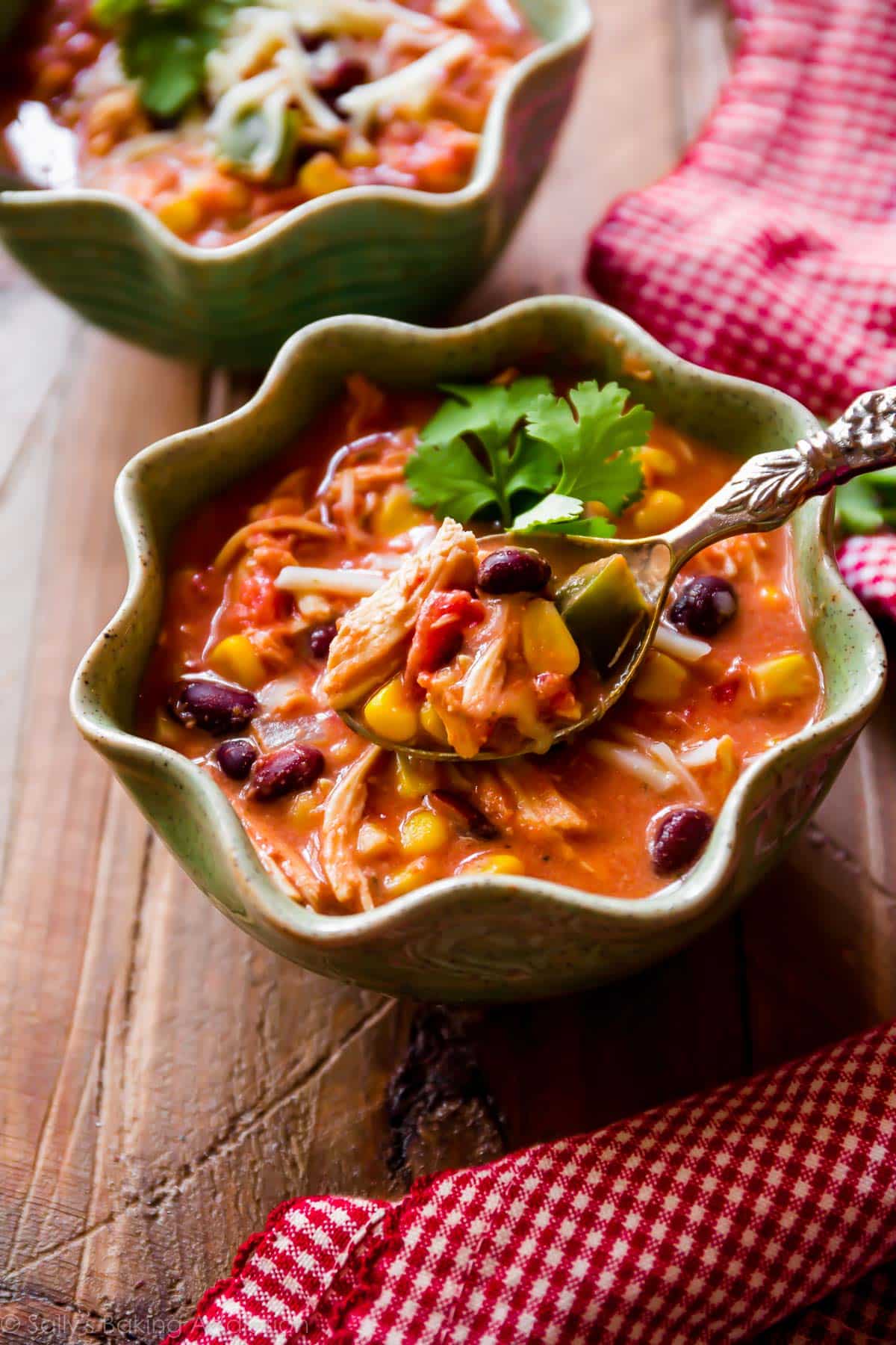 slow cooker chicken chili in a bowl