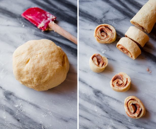 2 images of a ball of cinnamon roll dough and sliced cinnamon roll dough
