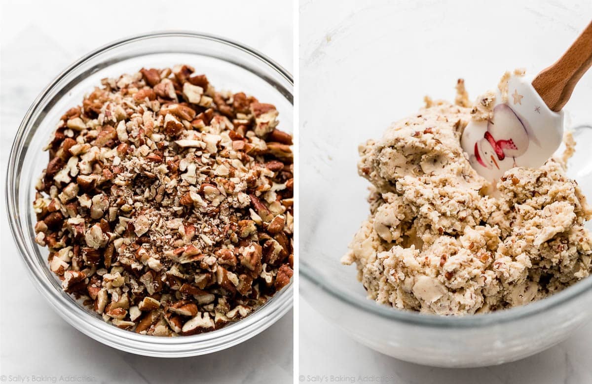 chopped pecans in bowl and shown again in cookie dough.