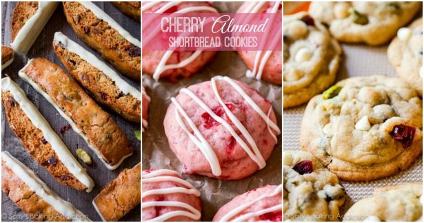 collage of 3 images of white chocolate cranberry pistachio biscotti, cherry almond shortbread cookies, and white chocolate cranberry pistachio cookies