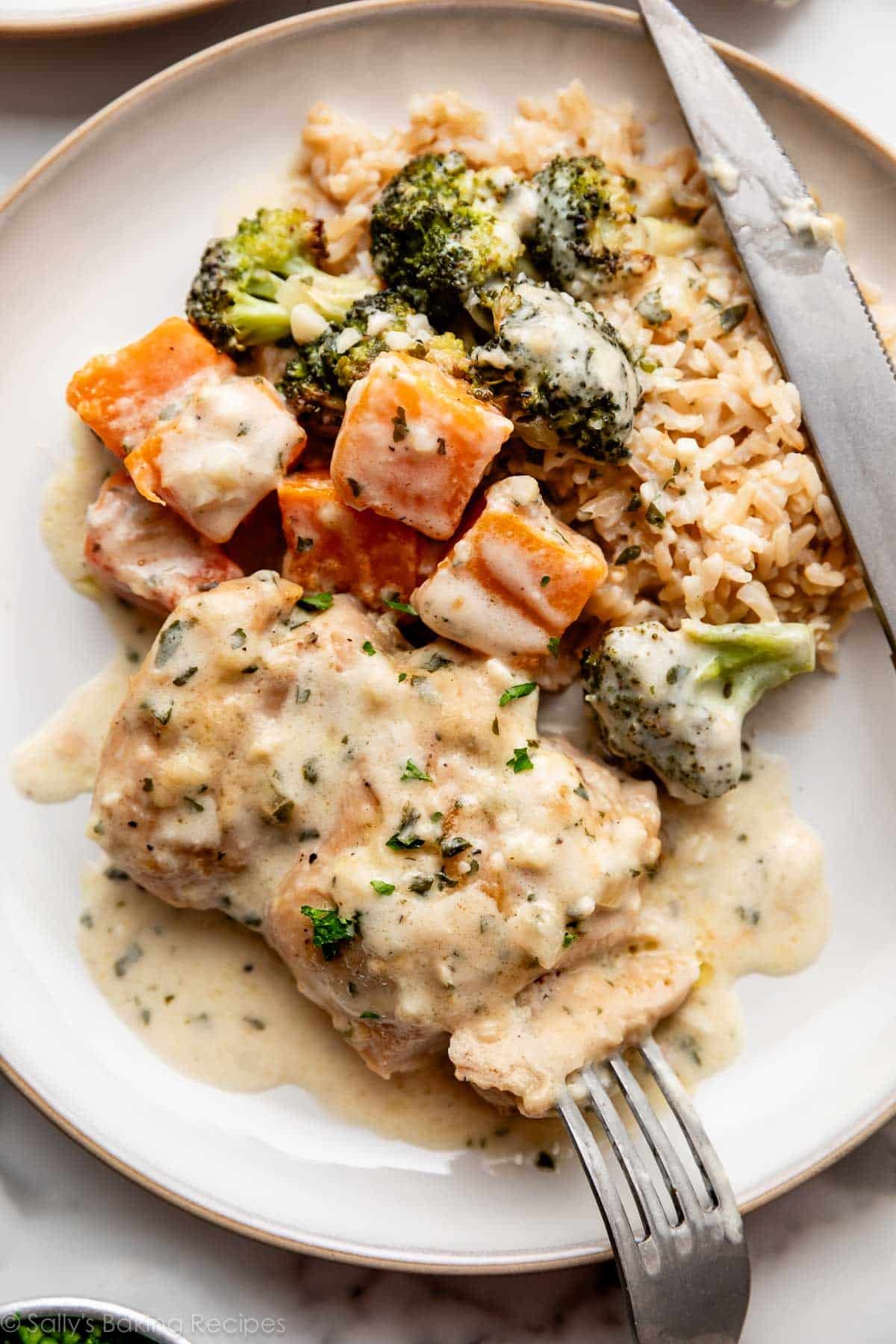 saucy and creamy garlic chicken with vegetables over brown rice on plate.