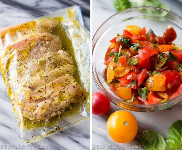 2 images of chicken breasts marinating and tomatoes and basil in a glass bowl