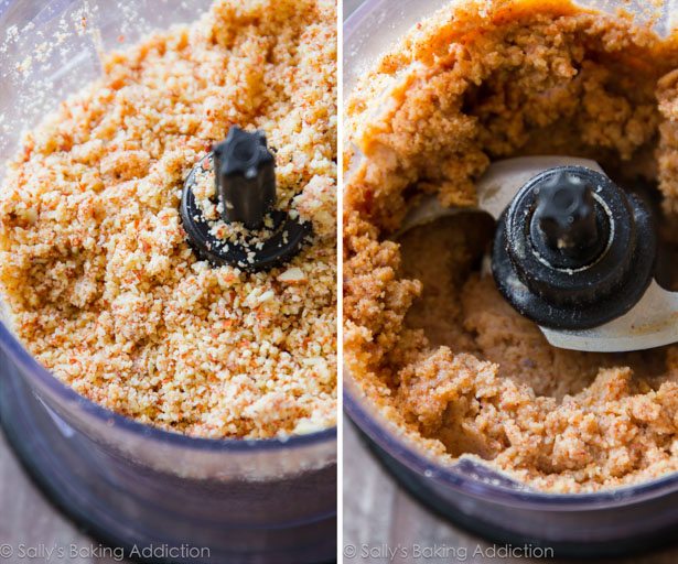 2 images of ground almonds in a food processor and almond butter in a food processor
