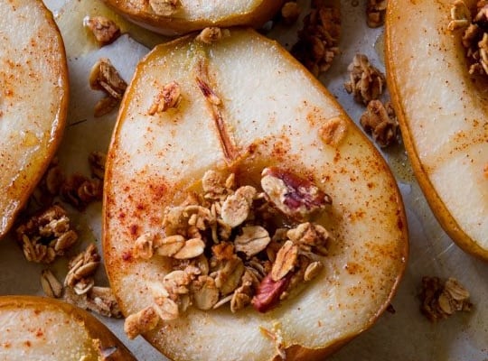 maple baked pears filled with granola