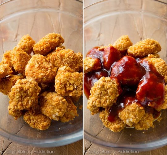 2 images of baked honey popcorn chicken in a glass bowl and adding bbq sauce into glass bowl of popcorn chicken