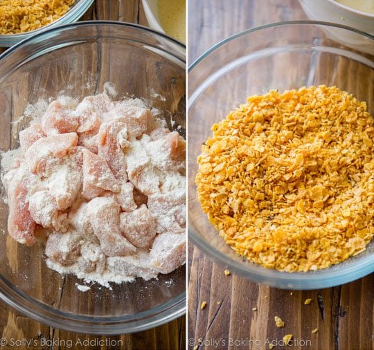 2 images of chicken in flour coating in a glass bowl and cornflakes in a glass bowl