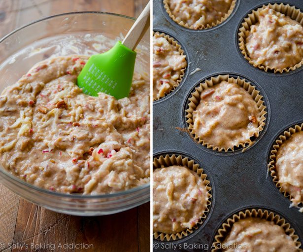2 images of muffin batter in a glass bowl and muffin batter in a muffin pan