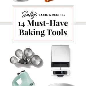 graphic displaying kitchen tools photos with text 14 must have baking tools on top.