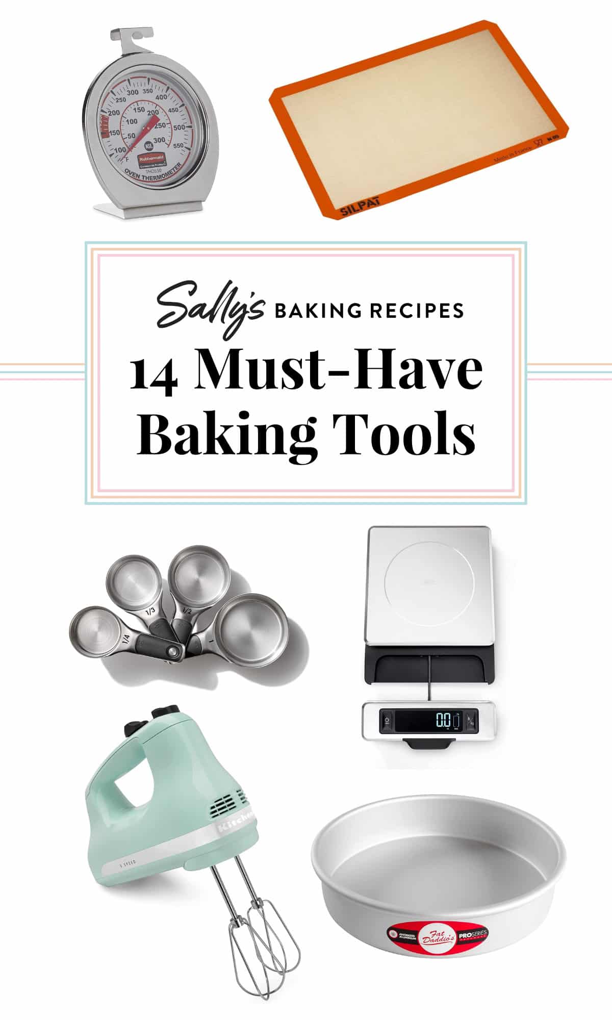 graphic displaying kitchen tools photos with text 14 must have baking tools on top.