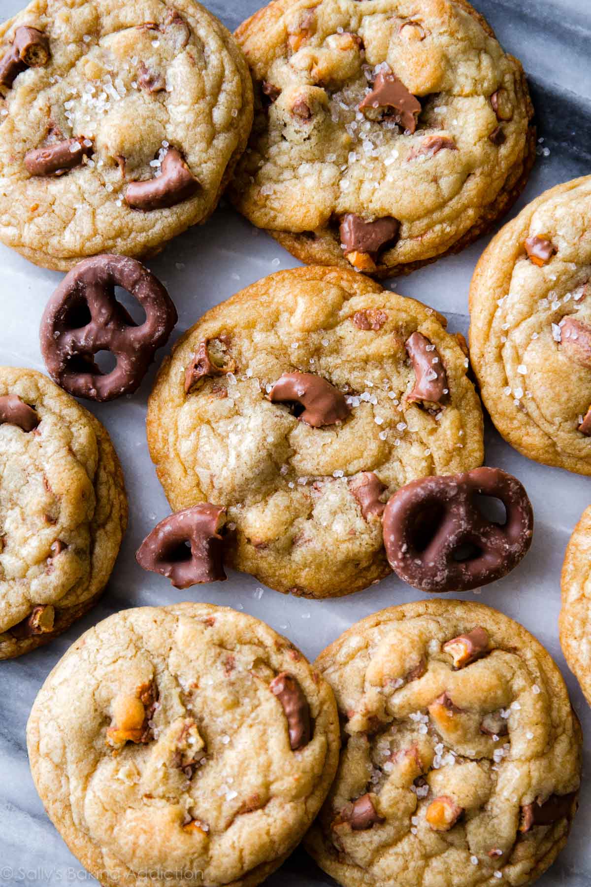 overhead image of chocolate covered pretzel cookies