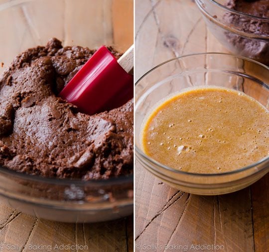 2 images of thick chocolate cake batter in a glass bowl and whisked eggs and sugars in a glass bowl