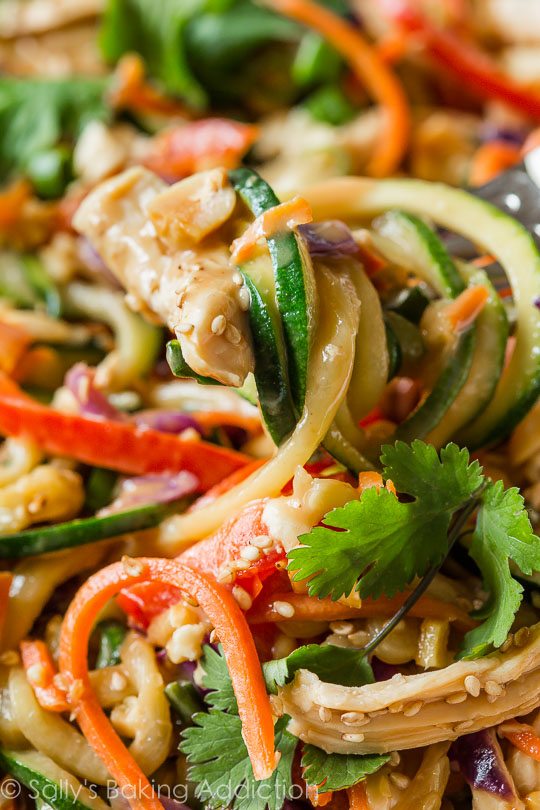 zoomed in image of peanut chicken zucchini noodles
