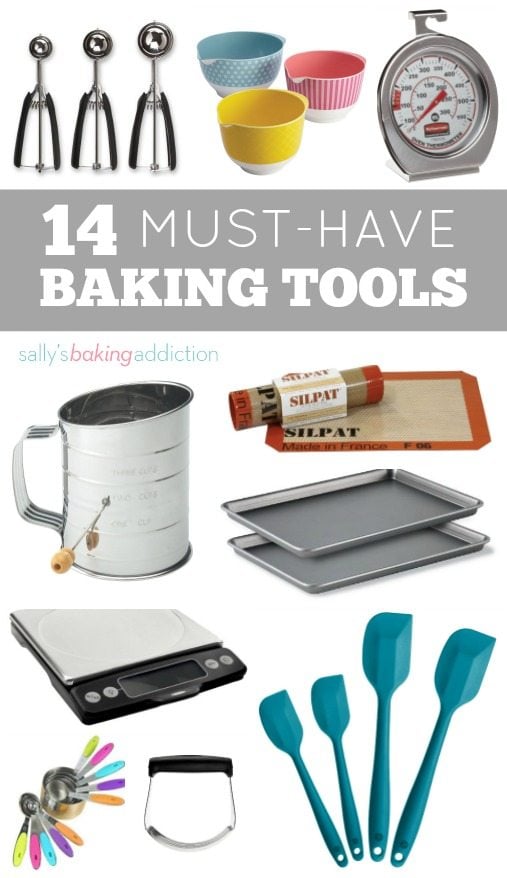 коллаж из изображений кухонных принадлежностей с наложением текста, на котором написано 14 необходимых инструментов для выпечки