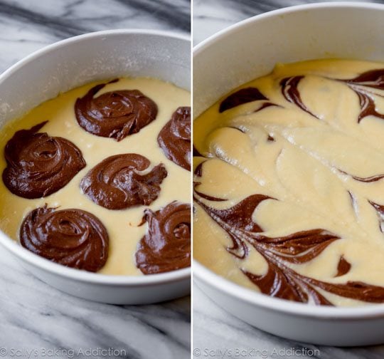 2 images of yellow and chocolate cake batter in a cake pan before and after marbling the two batters together