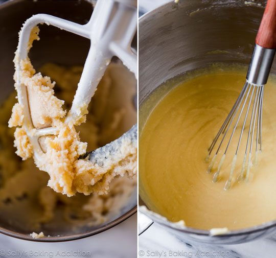 2 images of creamed butter and sugar for yellow cake in a metal bowl with a paddle attachment and yellow cake batter in a metal bowl with a whisk