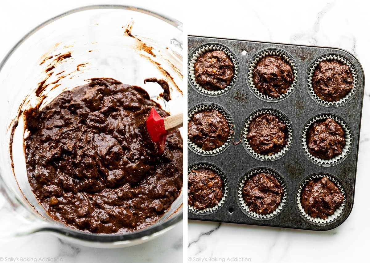 chocolate batter in bowl and shown again divided in muffin pan.