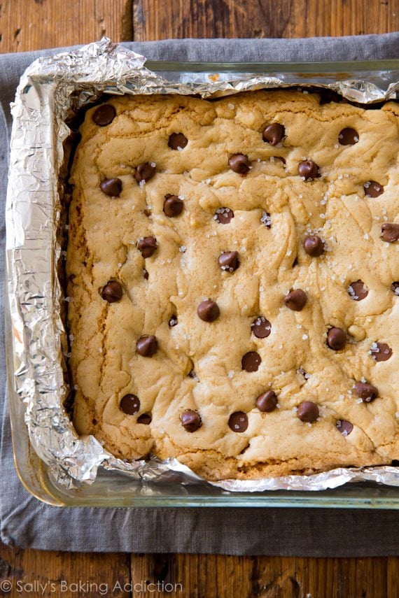 overhead image of chocolate chip cookie bars in a baking dish