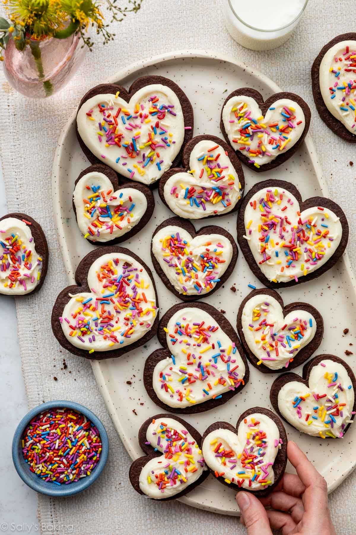 cut-out chocolate sugar cookies with buttercream and sprinkles.
