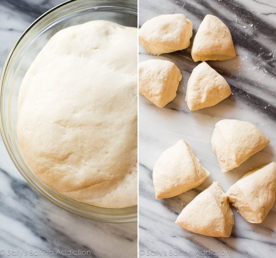 2 images of dough in a glass bowl after rising and dough cut into 8 pieces
