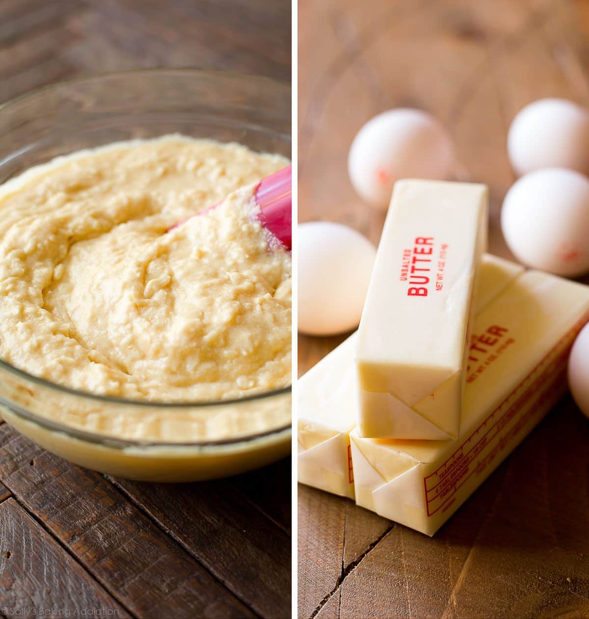 2 images of coconut cake batter and butter and eggs