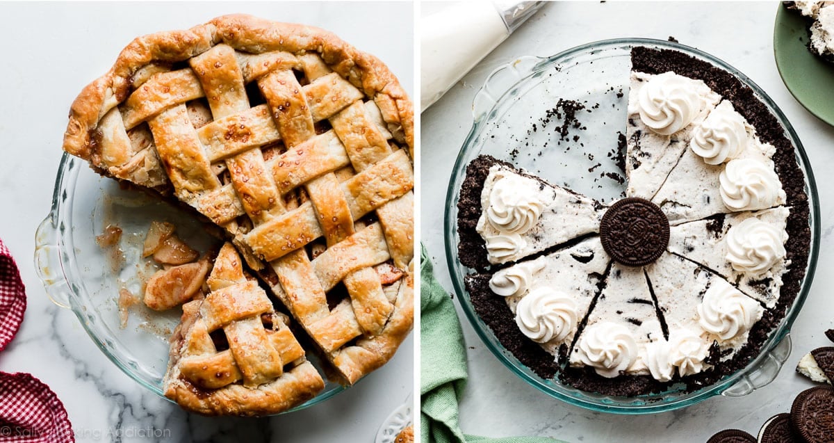 apple pie and cookies and cream pie pictured in glass pie dishes