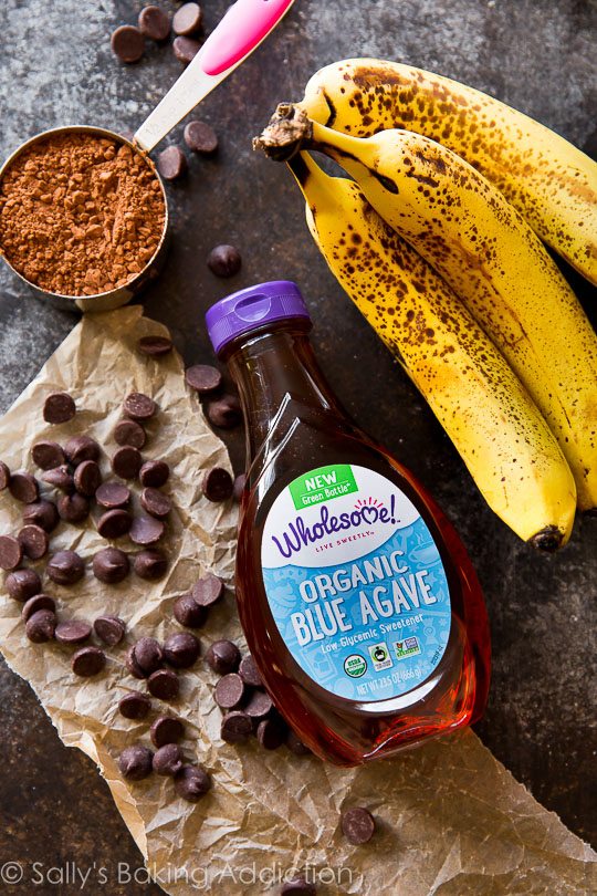 ingredients for whole wheat double chocolate banana muffins