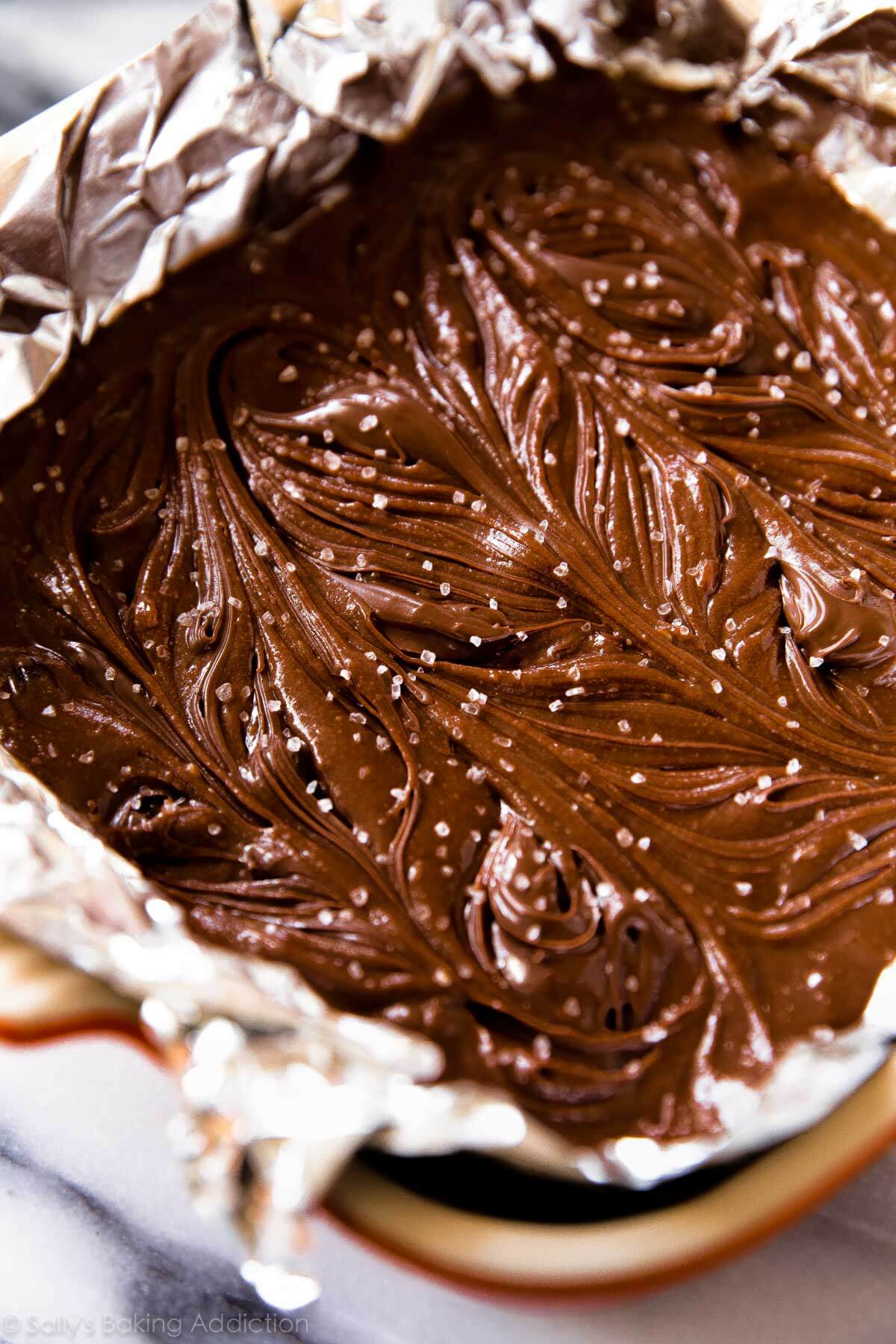 Nutella brownie batter in a baking pan