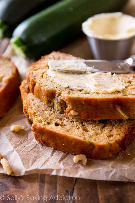 slices of Greek yogurt zucchini bread with butter spread on top