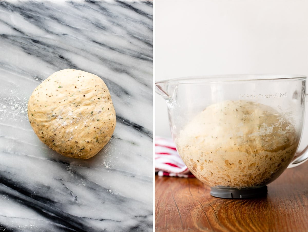 herb yeasted dough before and after rising