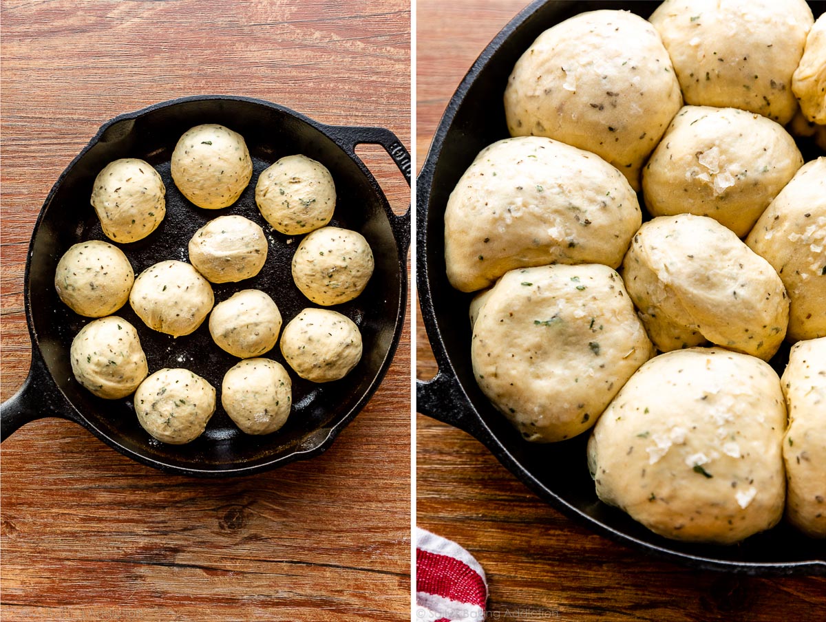 herb rolls in skillet before and after 2nd rise
