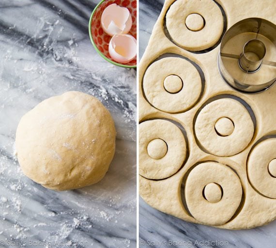 2 images of a ball of doughnut dough and doughnut dough rolled out and cut with a rounddoughnut cutter