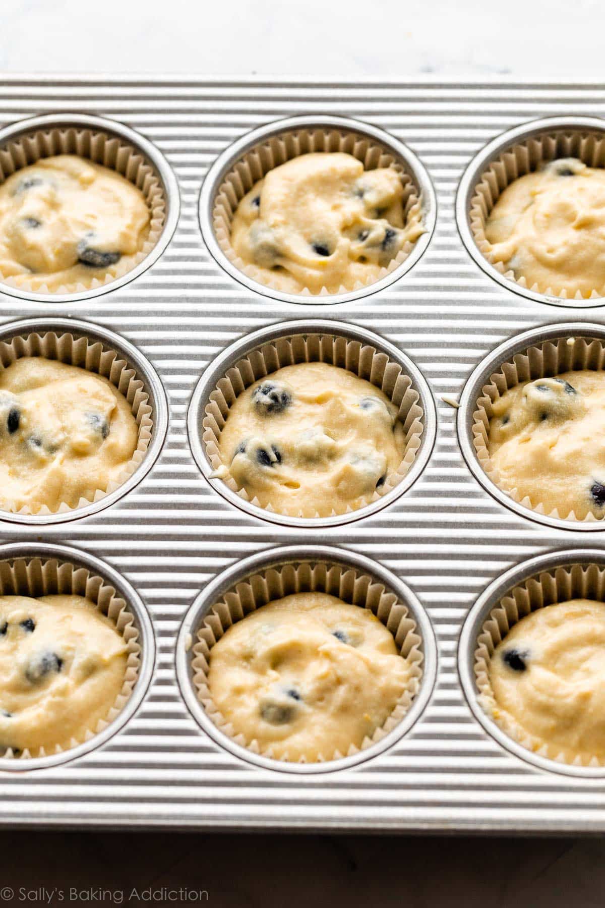 Teglia per muffin USA Pan foderata con fodere per cupcake e riempita con pastella per cupcake ai mirtilli.