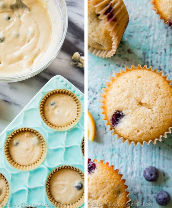 2 images of lemon blueberry cupcake batter in a cupcake pan and cupcakes after baking