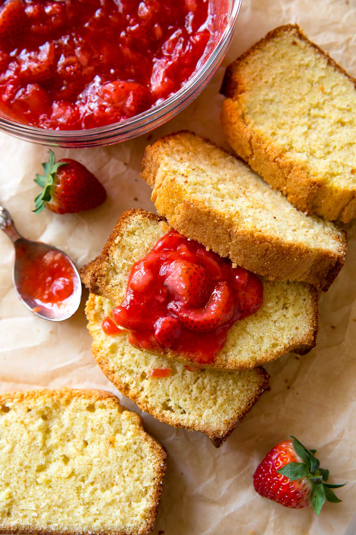 slices of pound cake with strawberry compote topping