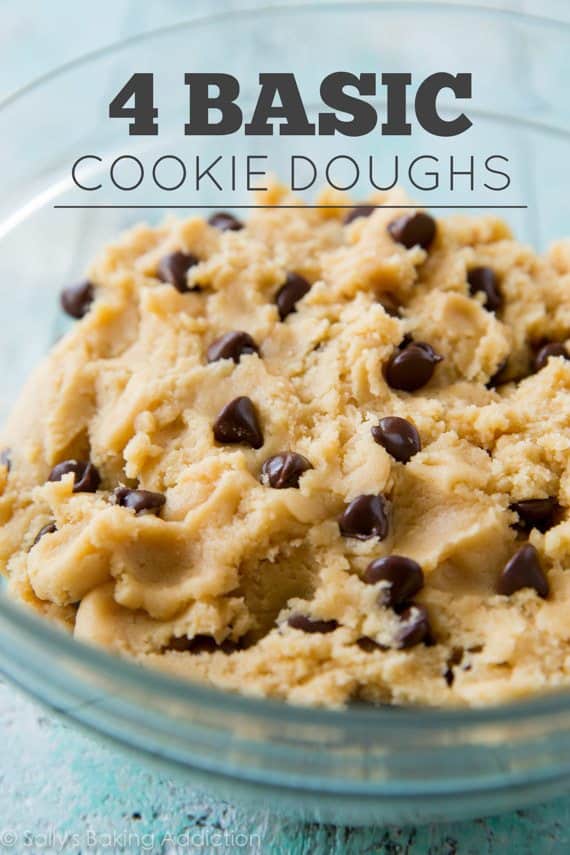 chocolate chip cookie dough in a glass bowl with text overlay that says 4 basic cookie doughs