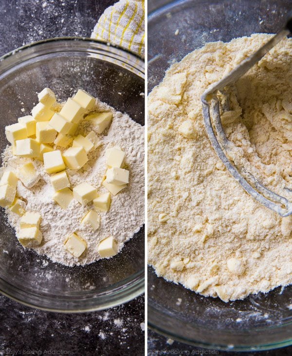 2 images of fruit tart dough mixture before and after adding butter in glass bowls