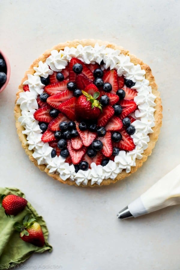 4th of July fruit tart with strawberries and blueberries.