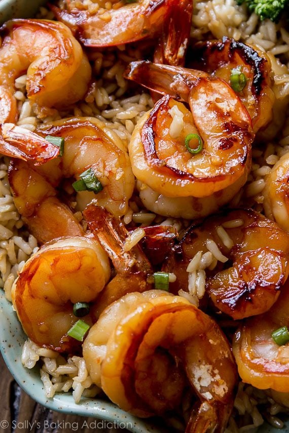 Honey garlic shrimp in a bowl with rice