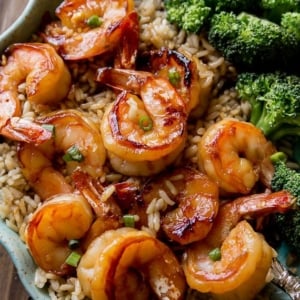 Honey garlic shrimp in a bowl with rice and broccoli