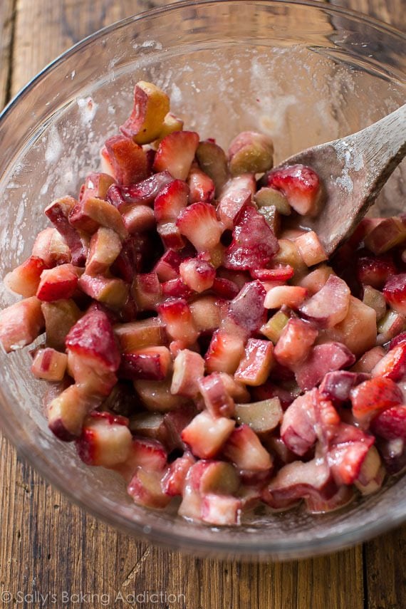 strawberry rhubarb pie filling in a glass bowl