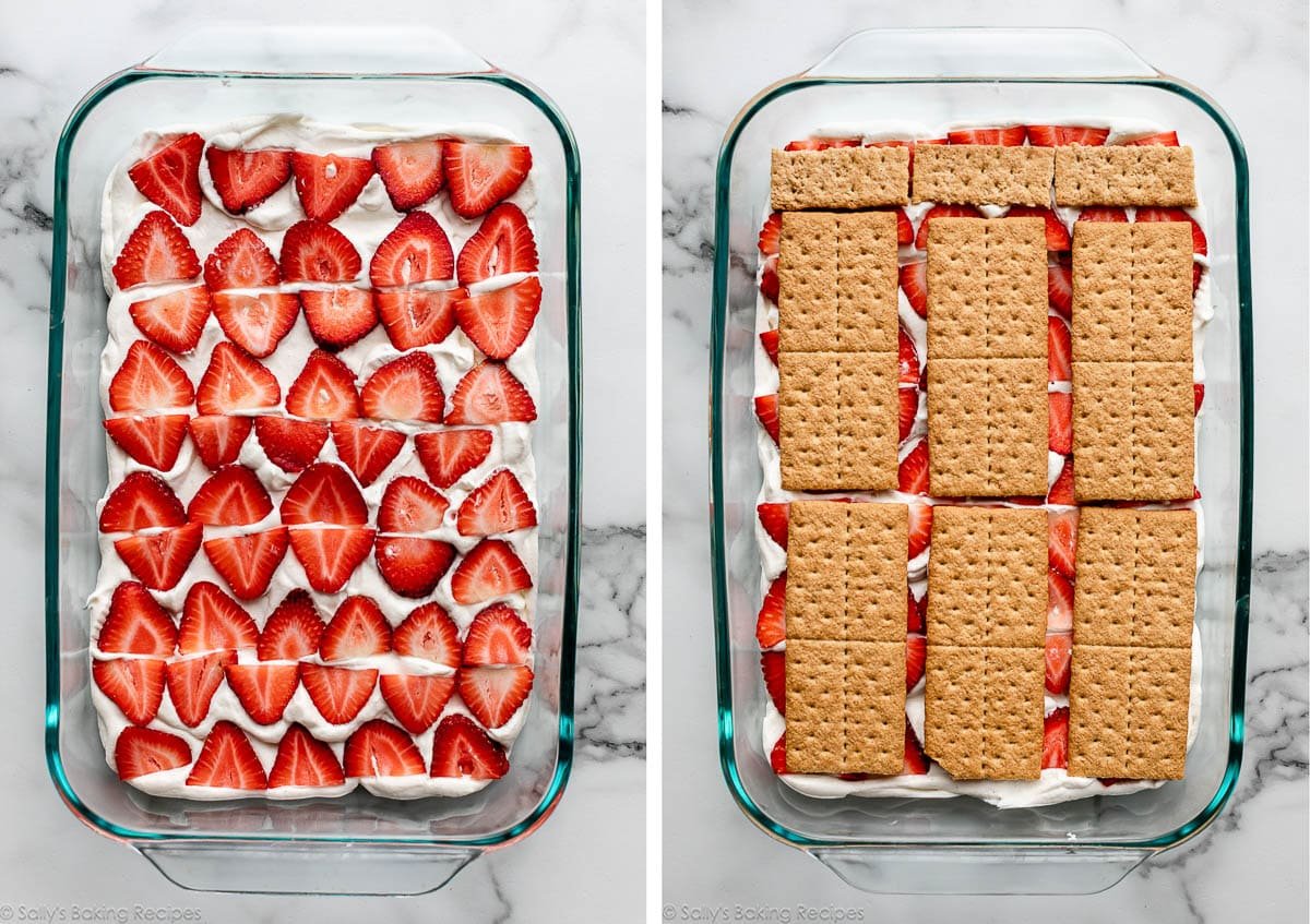 arranging berries, whipped cream, and graham crackers in glass baking dish.