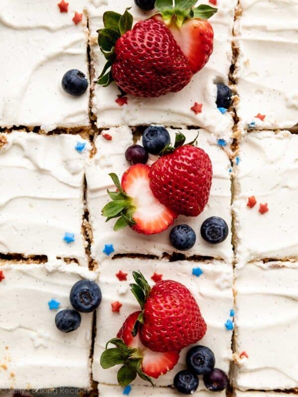 overhead photo of fresh berries and cream icebox cake with star sprinkles on top.