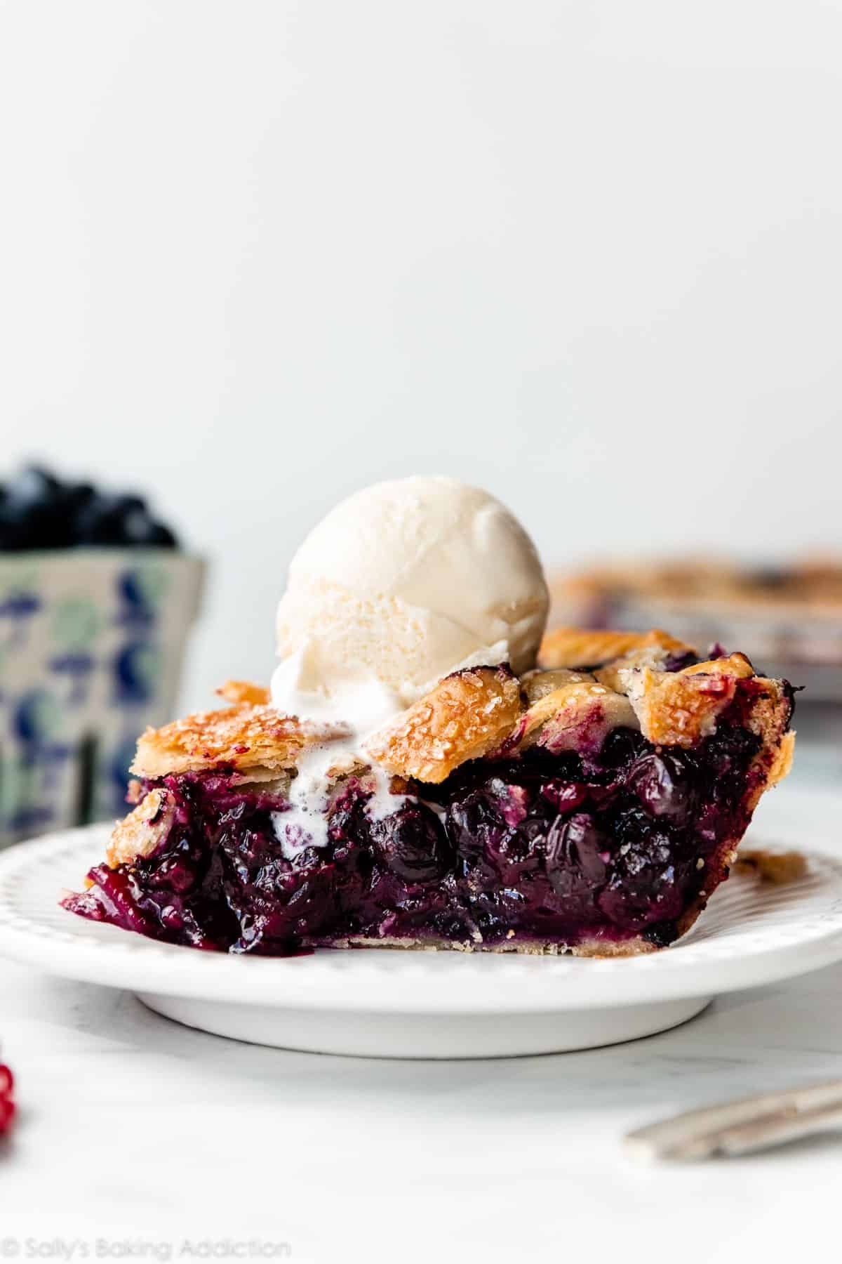 blueberry pie slice with vanilla ice cream on top.